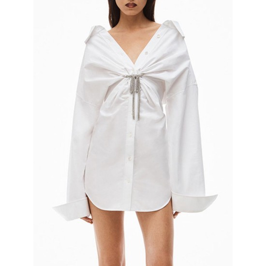 Solid Color High Waisted Long Sleeves Lapel Shirt Dress Mini Dresses Solid Color High Waisted Long Sleeves Lapel Shirt Dress Mini Dresses
