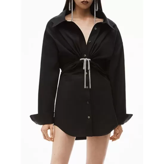 Solid Color High Waisted Long Sleeves Lapel Shirt Dress Mini Dresses Solid Color High Waisted Long Sleeves Lapel Shirt Dress Mini Dresses