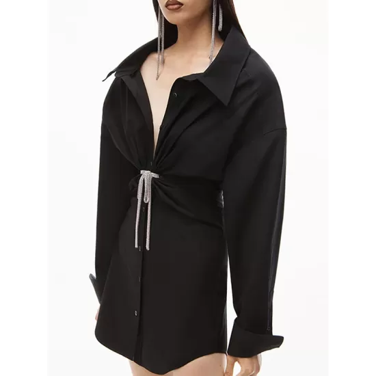 Solid Color High Waisted Long Sleeves Lapel Shirt Dress Mini Dresses Solid Color High Waisted Long Sleeves Lapel Shirt Dress Mini Dresses