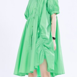 Asymmetric Pleated Solid Color Loose Short Sleeves Stand Collar Shirt Dress Mini Dresses