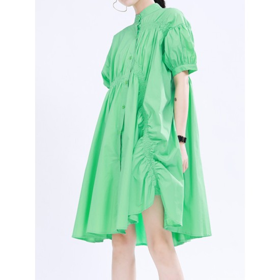 Asymmetric Pleated Solid Color Loose Short Sleeves Stand Collar Shirt Dress Mini Dresses Asymmetric Pleated Solid Color Loose Short Sleeves Stand Collar Shirt Dress Mini Dresses
