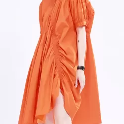Asymmetric Pleated Solid Color Loose Short Sleeves Stand Collar Shirt Dress Mini Dresses