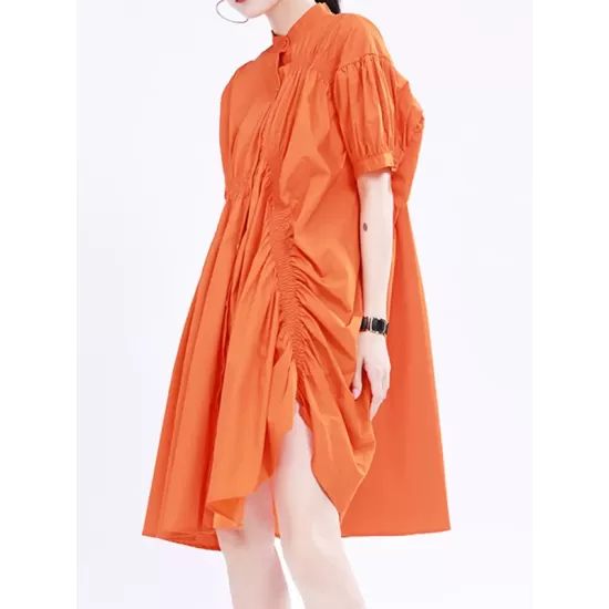 Asymmetric Pleated Solid Color Loose Short Sleeves Stand Collar Shirt Dress Mini Dresses Asymmetric Pleated Solid Color Loose Short Sleeves Stand Collar Shirt Dress Mini Dresses