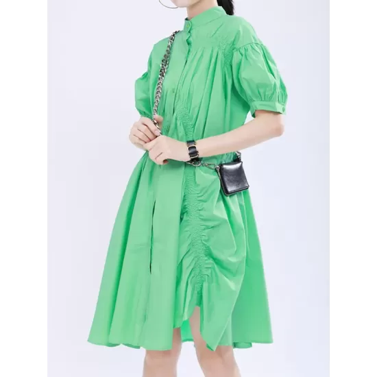 Asymmetric Pleated Solid Color Loose Short Sleeves Stand Collar Shirt Dress Mini Dresses Asymmetric Pleated Solid Color Loose Short Sleeves Stand Collar Shirt Dress Mini Dresses