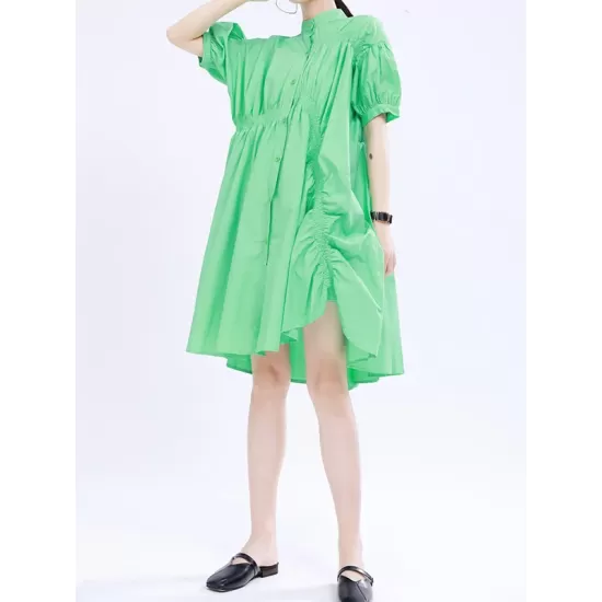 Asymmetric Pleated Solid Color Loose Short Sleeves Stand Collar Shirt Dress Mini Dresses Asymmetric Pleated Solid Color Loose Short Sleeves Stand Collar Shirt Dress Mini Dresses