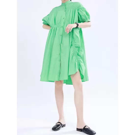 Asymmetric Pleated Solid Color Loose Short Sleeves Stand Collar Shirt Dress Mini Dresses Asymmetric Pleated Solid Color Loose Short Sleeves Stand Collar Shirt Dress Mini Dresses