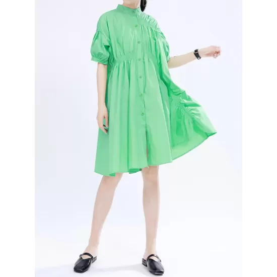 Asymmetric Pleated Solid Color Loose Short Sleeves Stand Collar Shirt Dress Mini Dresses Asymmetric Pleated Solid Color Loose Short Sleeves Stand Collar Shirt Dress Mini Dresses
