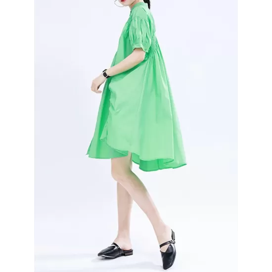 Asymmetric Pleated Solid Color Loose Short Sleeves Stand Collar Shirt Dress Mini Dresses Asymmetric Pleated Solid Color Loose Short Sleeves Stand Collar Shirt Dress Mini Dresses