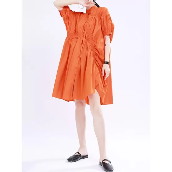 Asymmetric Pleated Solid Color Loose Short Sleeves Stand Collar Shirt Dress Mini Dresses Asymmetric Pleated Solid Color Loose Short Sleeves Stand Collar Shirt Dress Mini Dresses