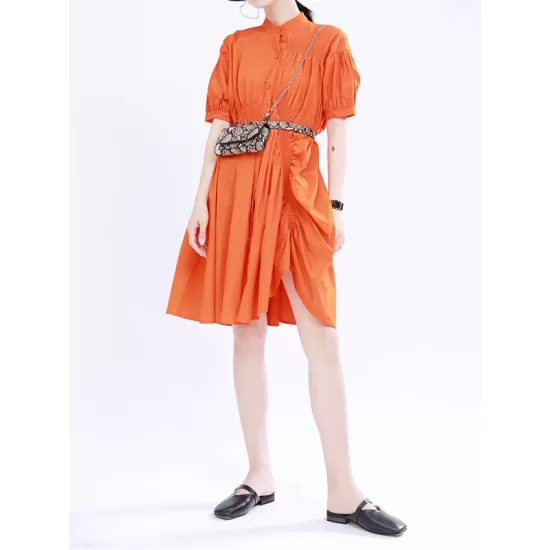 Asymmetric Pleated Solid Color Loose Short Sleeves Stand Collar Shirt Dress Mini Dresses Asymmetric Pleated Solid Color Loose Short Sleeves Stand Collar Shirt Dress Mini Dresses