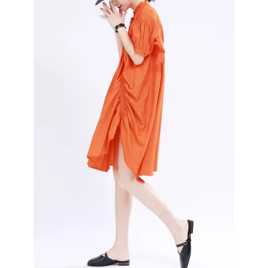 Asymmetric Pleated Solid Color Loose Short Sleeves Stand Collar Shirt Dress Mini Dresses Asymmetric Pleated Solid Color Loose Short Sleeves Stand Collar Shirt Dress Mini Dresses