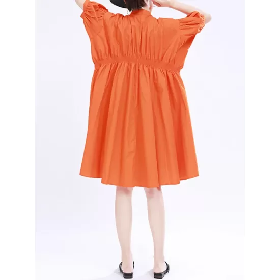 Asymmetric Pleated Solid Color Loose Short Sleeves Stand Collar Shirt Dress Mini Dresses Asymmetric Pleated Solid Color Loose Short Sleeves Stand Collar Shirt Dress Mini Dresses