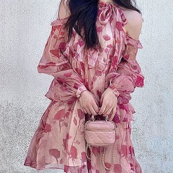 Floral Printed Lace-Up Tiered Loose Puff Sleeves Cold Shoulder Mini Dresses