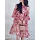 Floral Printed Lace-Up Tiered Loose Puff Sleeves Cold Shoulder Mini Dresses Floral Printed Lace-Up Tiered Loose Puff Sleeves Cold Shoulder Mini Dresses