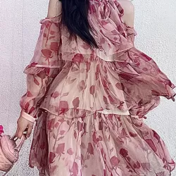 Floral Printed Lace-Up Tiered Loose Puff Sleeves Cold Shoulder Mini Dresses
