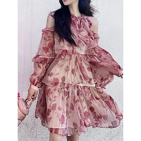 Floral Printed Lace-Up Tiered Loose Puff Sleeves Cold Shoulder Mini Dresses Floral Printed Lace-Up Tiered Loose Puff Sleeves Cold Shoulder Mini Dresses