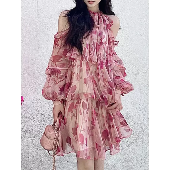 Floral Printed Lace-Up Tiered Loose Puff Sleeves Cold Shoulder Mini Dresses Floral Printed Lace-Up Tiered Loose Puff Sleeves Cold Shoulder Mini Dresses