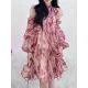 Floral Printed Lace-Up Tiered Loose Puff Sleeves Cold Shoulder Mini Dresses Floral Printed Lace-Up Tiered Loose Puff Sleeves Cold Shoulder Mini Dresses