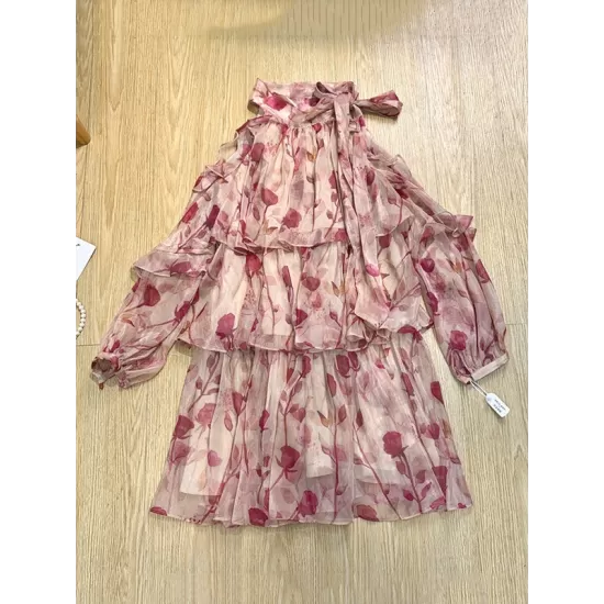 Floral Printed Lace-Up Tiered Loose Puff Sleeves Cold Shoulder Mini Dresses Floral Printed Lace-Up Tiered Loose Puff Sleeves Cold Shoulder Mini Dresses