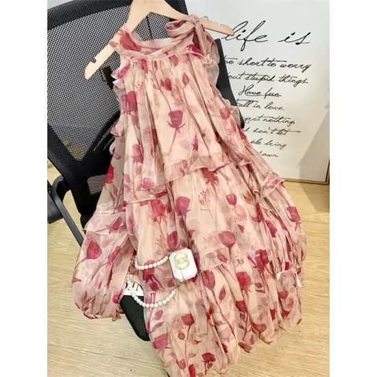 Floral Printed Lace-Up Tiered Loose Puff Sleeves Cold Shoulder Mini Dresses Floral Printed Lace-Up Tiered Loose Puff Sleeves Cold Shoulder Mini Dresses