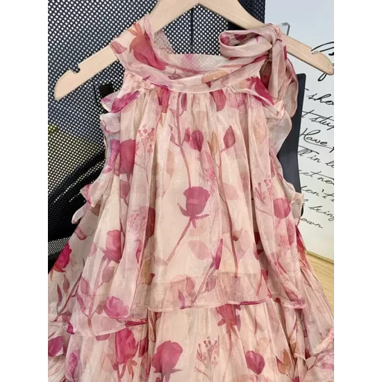 Floral Printed Lace-Up Tiered Loose Puff Sleeves Cold Shoulder Mini Dresses Floral Printed Lace-Up Tiered Loose Puff Sleeves Cold Shoulder Mini Dresses