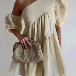 Loose Puff Sleeves Asymmetric Solid Color One-Shoulder Mini Dresses