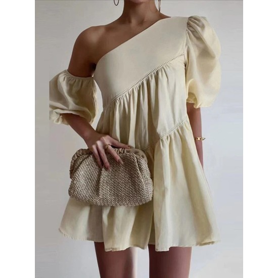 Loose Puff Sleeves Asymmetric Solid Color One-Shoulder Mini Dresses Loose Puff Sleeves Asymmetric Solid Color One-Shoulder Mini Dresses