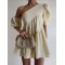Loose Puff Sleeves Asymmetric Solid Color One-Shoulder Mini Dresses