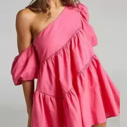 Loose Puff Sleeves Asymmetric Solid Color One-Shoulder Mini Dresses
