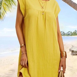 Pleated Solid Color Cap Sleeve Loose Round-neck Mini Dresses