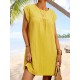 Pleated Solid Color Cap Sleeve Loose Round-neck Mini Dresses Pleated Solid Color Cap Sleeve Loose Round-neck Mini Dresses