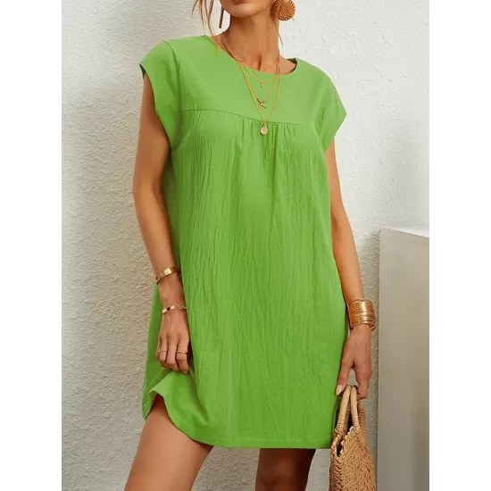 Pleated Solid Color Cap Sleeve Loose Round-neck Mini Dresses Pleated Solid Color Cap Sleeve Loose Round-neck Mini Dresses