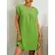 Pleated Solid Color Cap Sleeve Loose Round-neck Mini Dresses Pleated Solid Color Cap Sleeve Loose Round-neck Mini Dresses
