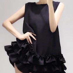 Falbala Solid Color Split-Joint Zipper Loose Sleeveless Round-Neck Mini Dresses