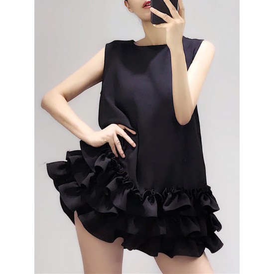 Falbala Solid Color Split-Joint Zipper Loose Sleeveless Round-Neck Mini Dresses Falbala Solid Color Split-Joint Zipper Loose Sleeveless Round-Neck Mini Dresses