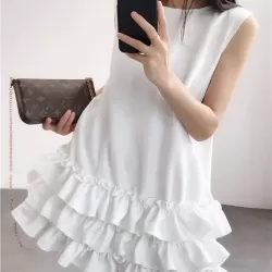 Falbala Solid Color Split-Joint Zipper Loose Sleeveless Round-Neck Mini Dresses