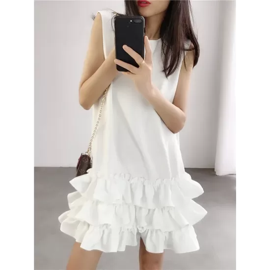 Falbala Solid Color Split-Joint Zipper Loose Sleeveless Round-Neck Mini Dresses Falbala Solid Color Split-Joint Zipper Loose Sleeveless Round-Neck Mini Dresses
