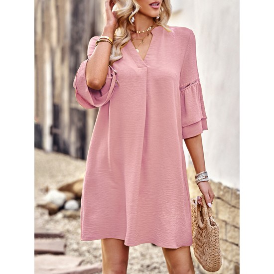 Falbala Solid Color Loose Short Sleeves V-Neck Mini Dresses Falbala Solid Color Loose Short Sleeves V-Neck Mini Dresses