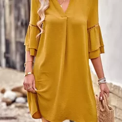 Falbala Solid Color Loose Short Sleeves V-Neck Mini Dresses