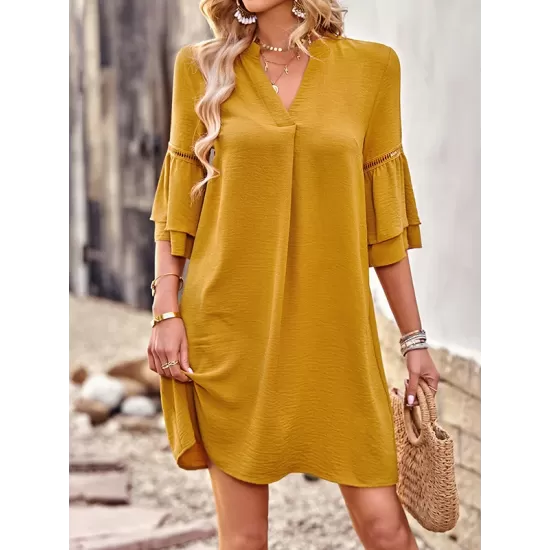 Falbala Solid Color Loose Short Sleeves V-Neck Mini Dresses Falbala Solid Color Loose Short Sleeves V-Neck Mini Dresses