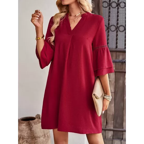 Falbala Solid Color Loose Short Sleeves V-Neck Mini Dresses Falbala Solid Color Loose Short Sleeves V-Neck Mini Dresses
