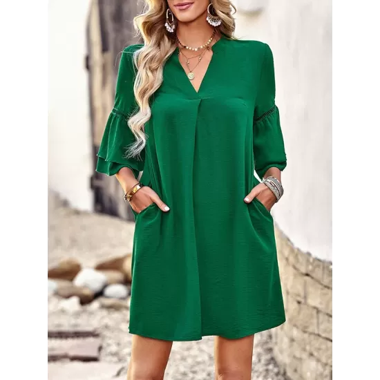 Falbala Solid Color Loose Short Sleeves V-Neck Mini Dresses Falbala Solid Color Loose Short Sleeves V-Neck Mini Dresses