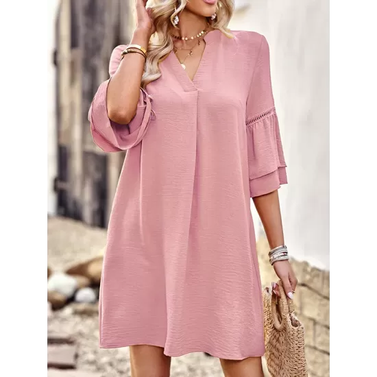 Falbala Solid Color Loose Short Sleeves V-Neck Mini Dresses Falbala Solid Color Loose Short Sleeves V-Neck Mini Dresses