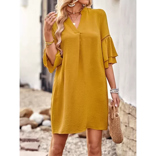 Falbala Solid Color Loose Short Sleeves V-Neck Mini Dresses Falbala Solid Color Loose Short Sleeves V-Neck Mini Dresses