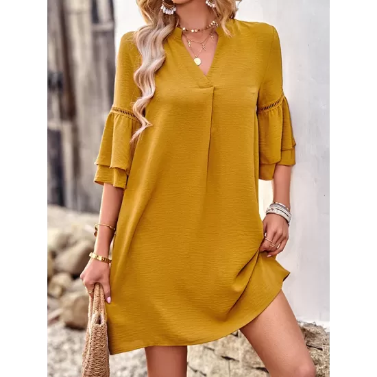 Falbala Solid Color Loose Short Sleeves V-Neck Mini Dresses Falbala Solid Color Loose Short Sleeves V-Neck Mini Dresses