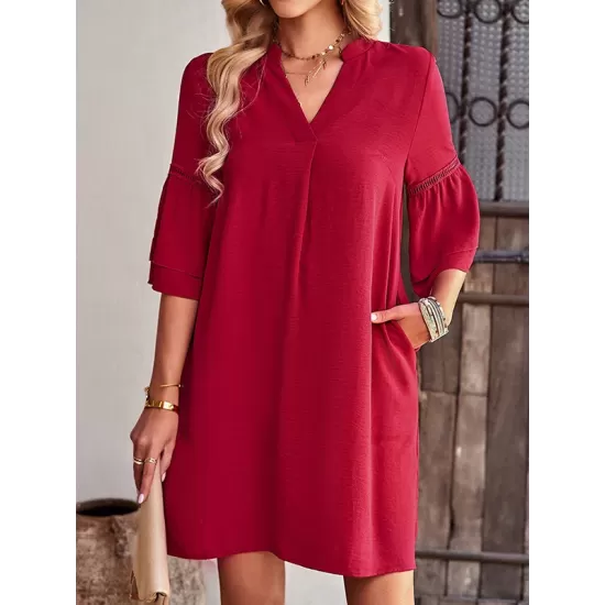 Falbala Solid Color Loose Short Sleeves V-Neck Mini Dresses Falbala Solid Color Loose Short Sleeves V-Neck Mini Dresses