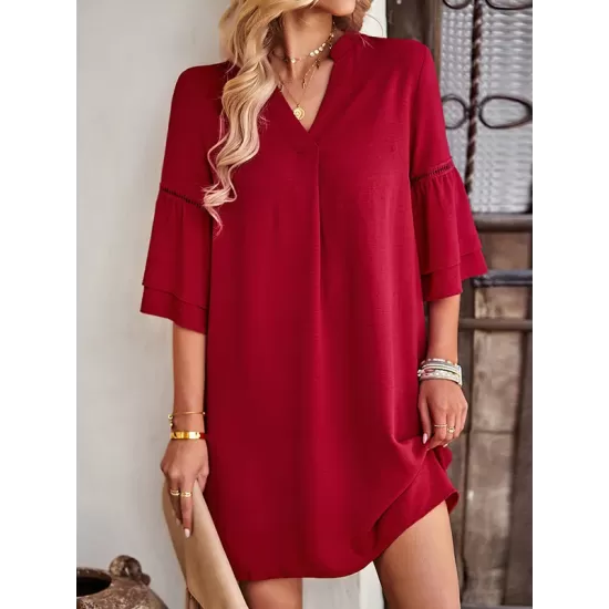 Falbala Solid Color Loose Short Sleeves V-Neck Mini Dresses Falbala Solid Color Loose Short Sleeves V-Neck Mini Dresses