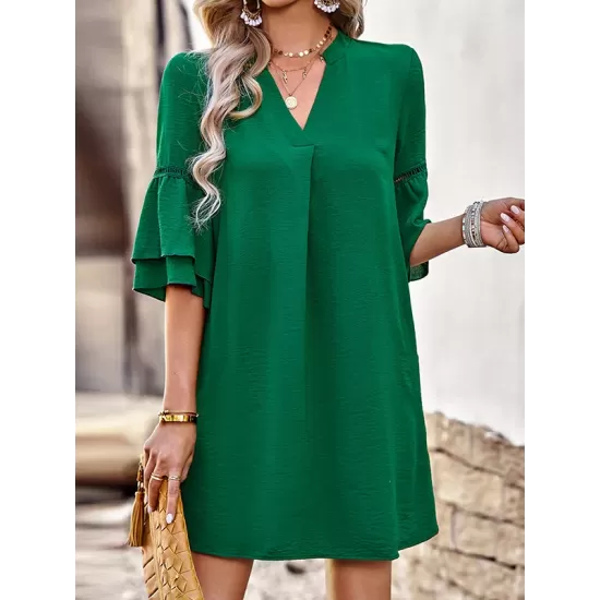 Falbala Solid Color Loose Short Sleeves V-Neck Mini Dresses Falbala Solid Color Loose Short Sleeves V-Neck Mini Dresses