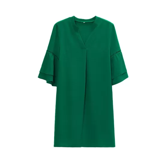 Falbala Solid Color Loose Short Sleeves V-Neck Mini Dresses Falbala Solid Color Loose Short Sleeves V-Neck Mini Dresses