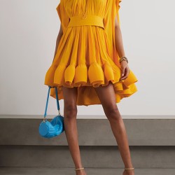 Floral Pleated Split-Joint High-Low Loose Stand Collar Mini Dresses